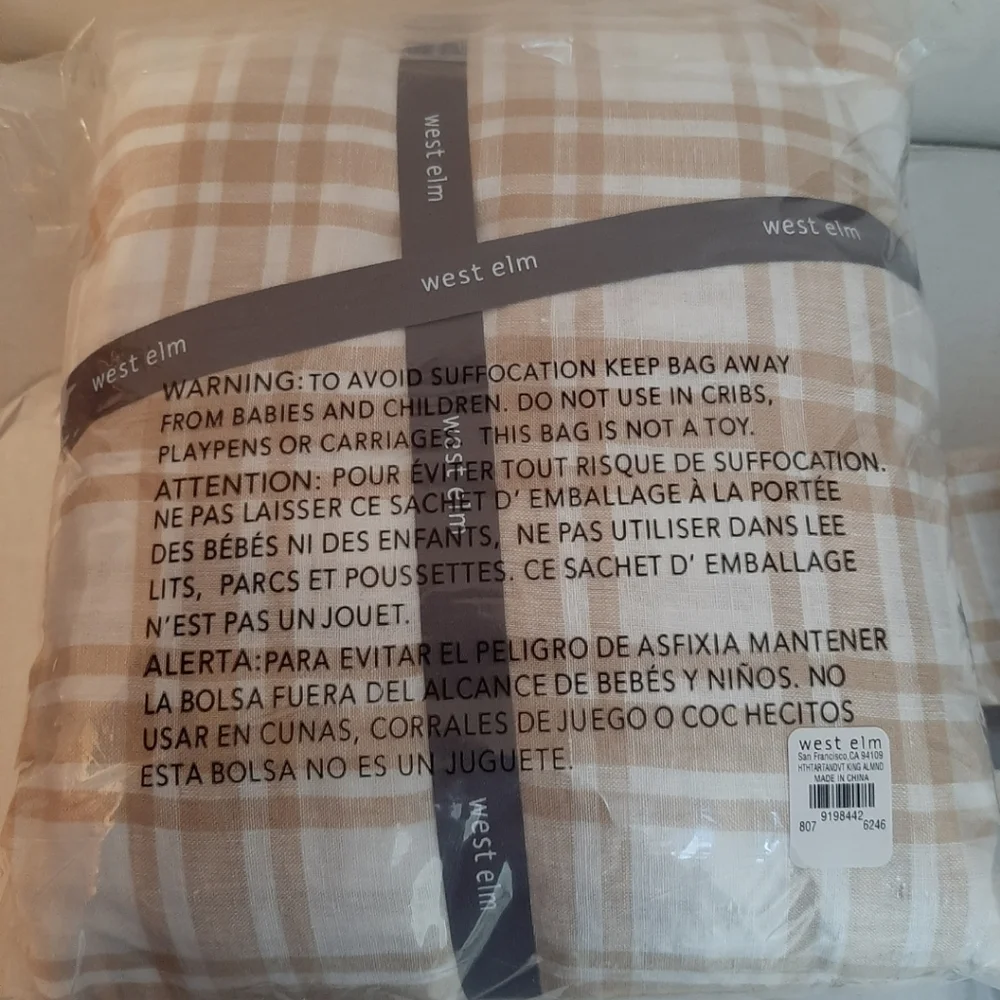 **West Elm Heather Taylor Home Tartan King Duvet Cover & 2 Euro Shams Almond